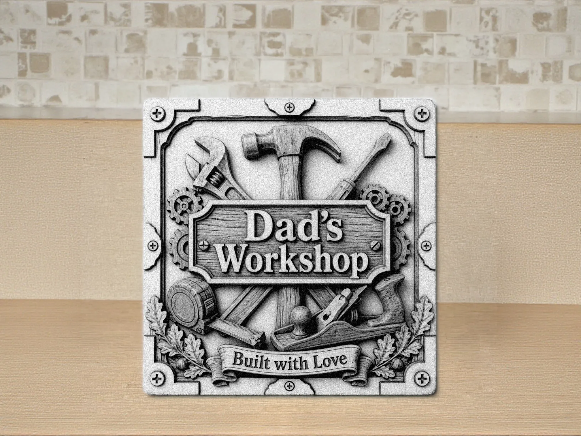 Dad’s Workshop Father’s Day Plaque | 3D Illusion Laser Engraving on White MDF | LX2 40W Diode image 1
